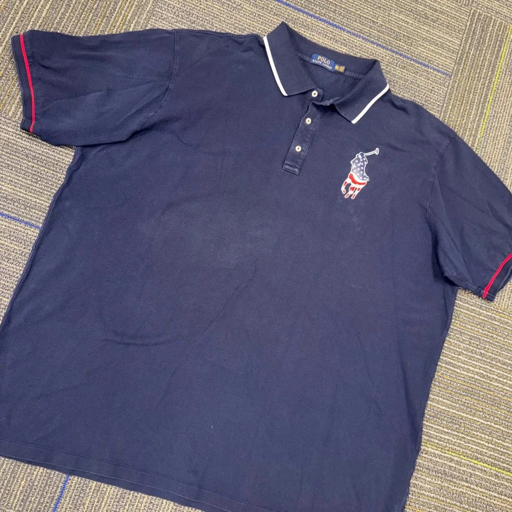 Polo Ralph Lauren Polo Shirt Mens 4XLT Navy Blue EUC Big Pony USA Flag Logo